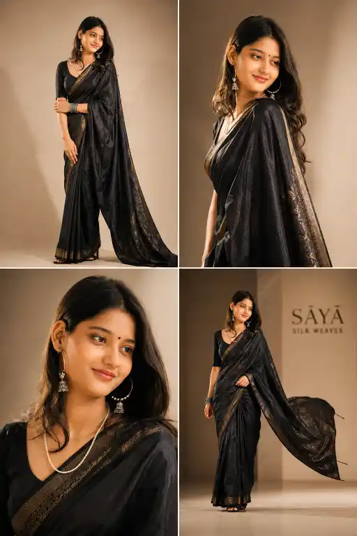 Elegant Black Silk Saree Lookbook AI Prompt