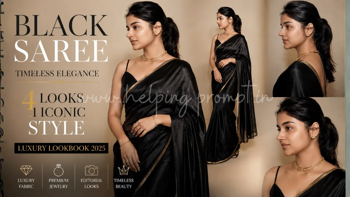 Elegant Black Silk Saree Lookbook AI Prompt