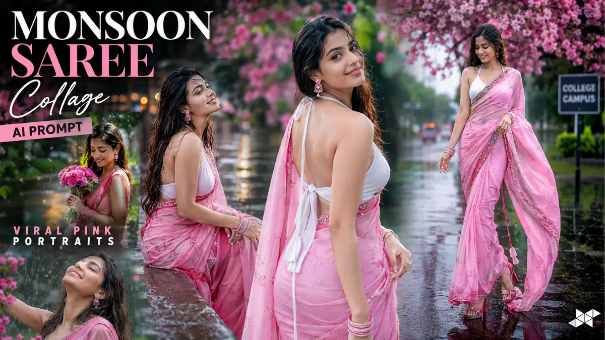 Monsoon Saree Collage AI Prompt for Viral Pink Portraits