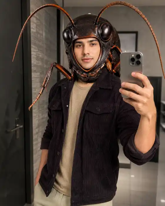 Hyper-Realistic Cockroach Mask Selfie Prompt