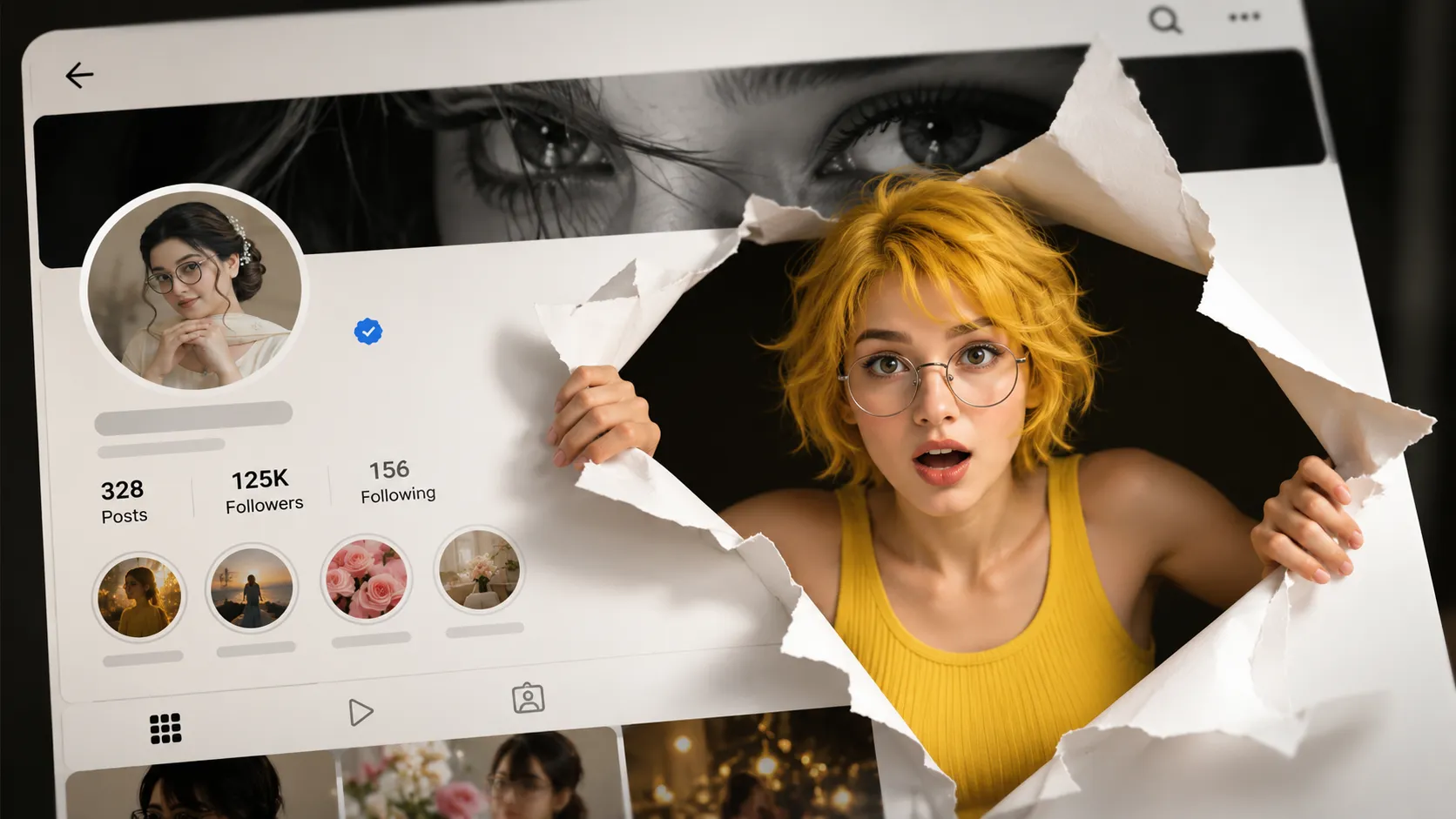 Ultra-realistic 3D AI artwork showing a surprised woman breaking through a social media profile interface with a torn paper effect, cinematic lighting, and modern UI design.