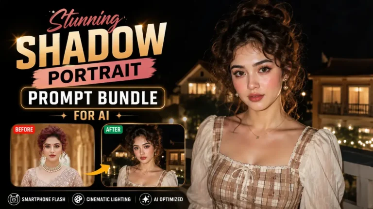 Realistic AI-generated night portrait of a young woman in a plaid cottagecore dress illuminated by smartphone flash with a softly blurred residential background.