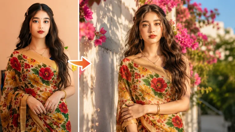 Ultra-realistic Vietnamese beauty photography portrait with cinematic golden-hour lighting, pink bougainvillea, white textured wall, and DSLR fashion editorial styling.