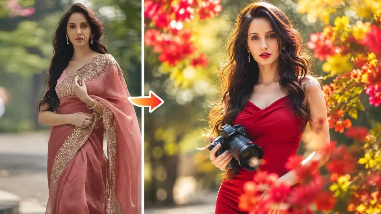 Hyper-realistic cinematic outdoor portrait of a young woman in a red bodycon dress holding a Canon camera, framed by colorful red, pink, and yellow blossoms.